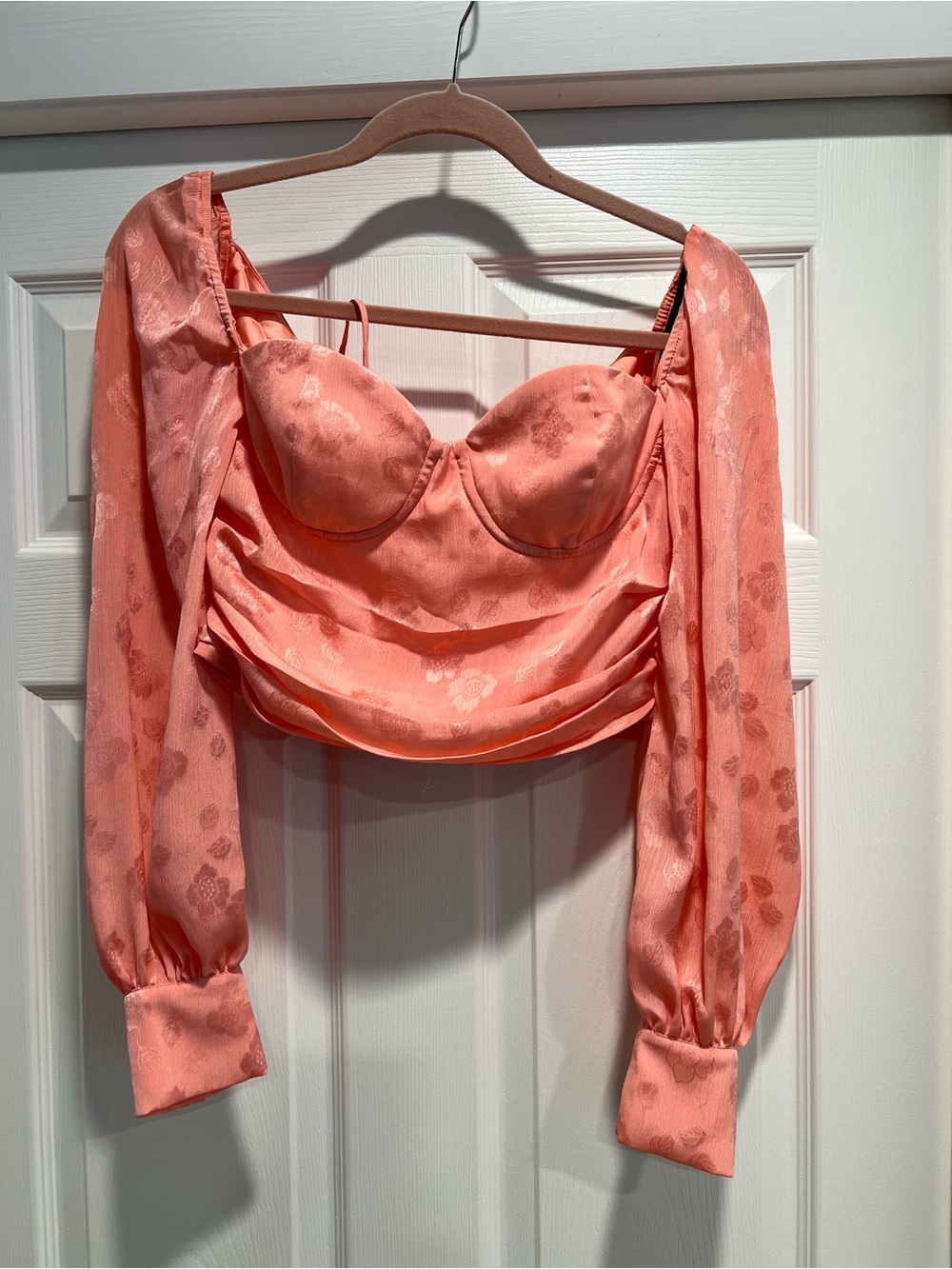 MAJORELLE Coral Satin Bustier with Puff Sleeves